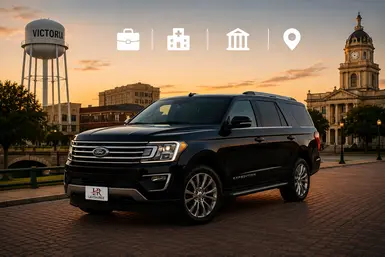 Black Ford Expedition serving Victoria destinations, including business and industrial centers, healthcare facilities, government offices, community services, and South Texas regional connections, featuring Lavish Ride branding.