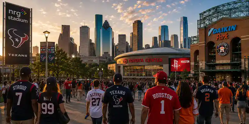 Sports fans gather outside Houston's premier venues, including NRG Stadium, Toyota Center, and Daikin Park, celebrating game day with the downtown skyline at sunset.