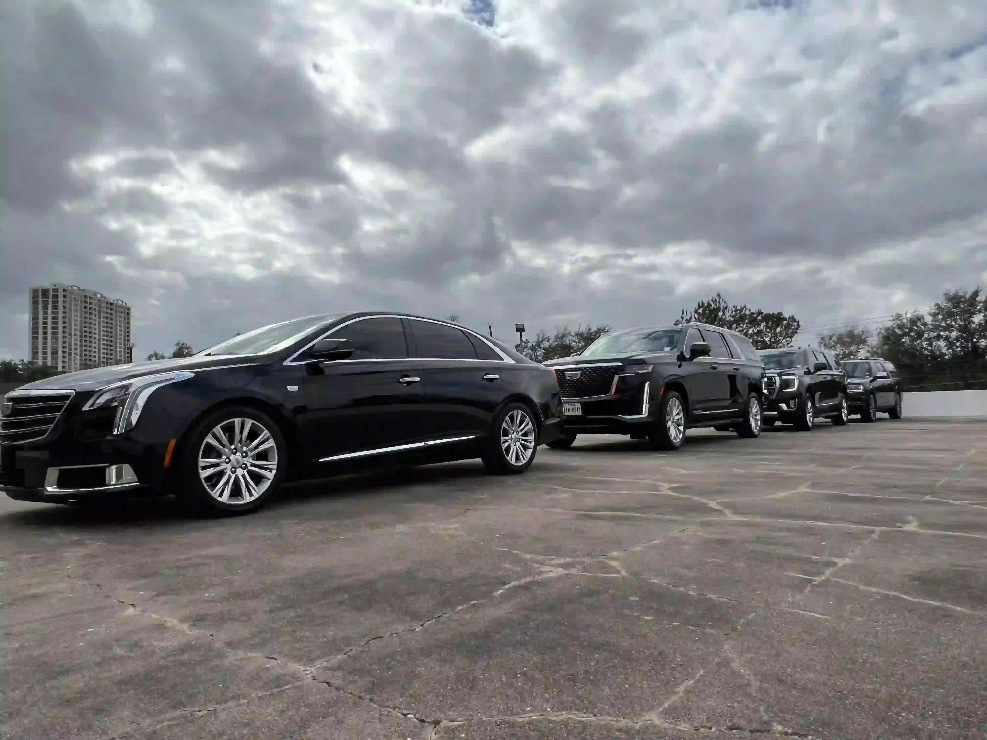 Lavish Ride’s black luxury vehicles—including a business sedan, business SUV, and first-class SUV—lined up for a premium Houston private airport transfer.