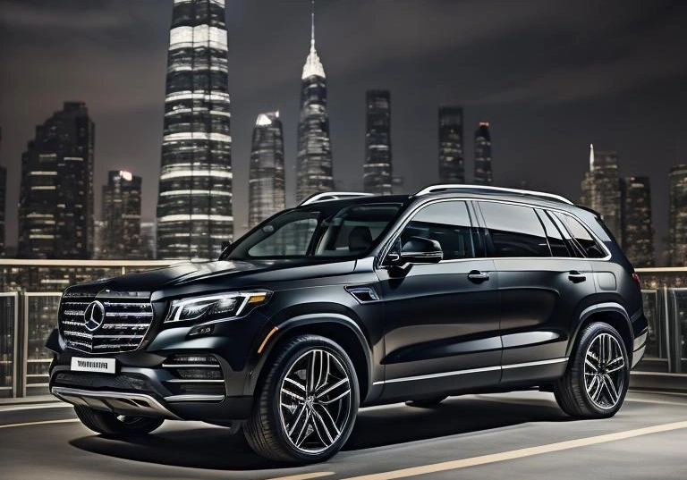 a 2026 Mercedes-Benz GLS 450 Black SUV, skyline in the background, represent Executive luxury transportation.
